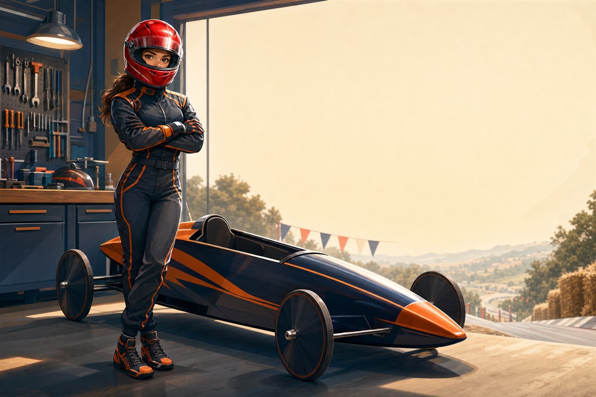 Fictional Race Shop pit coach in a red helmet beside a gravity race car