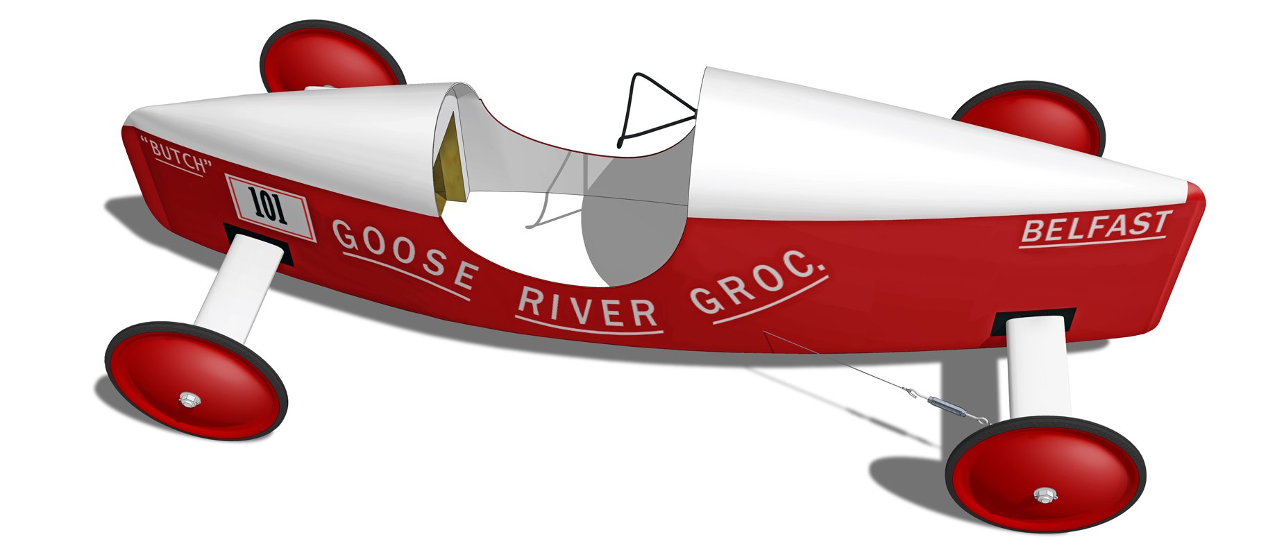 Profile view of a preserved Class B Soap Box Derby racer in its 1967 paint scheme, presented against a plain backdrop
